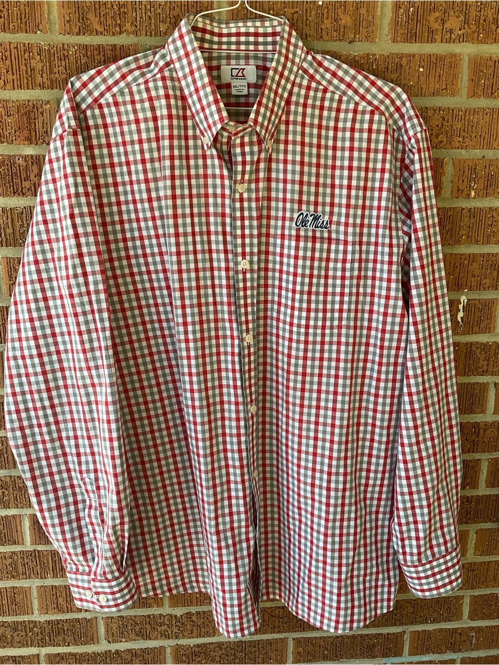 Cutter & Buck “OLE MISS”Red and White Plaid Button-Down Shirt XXLT 54x33”
